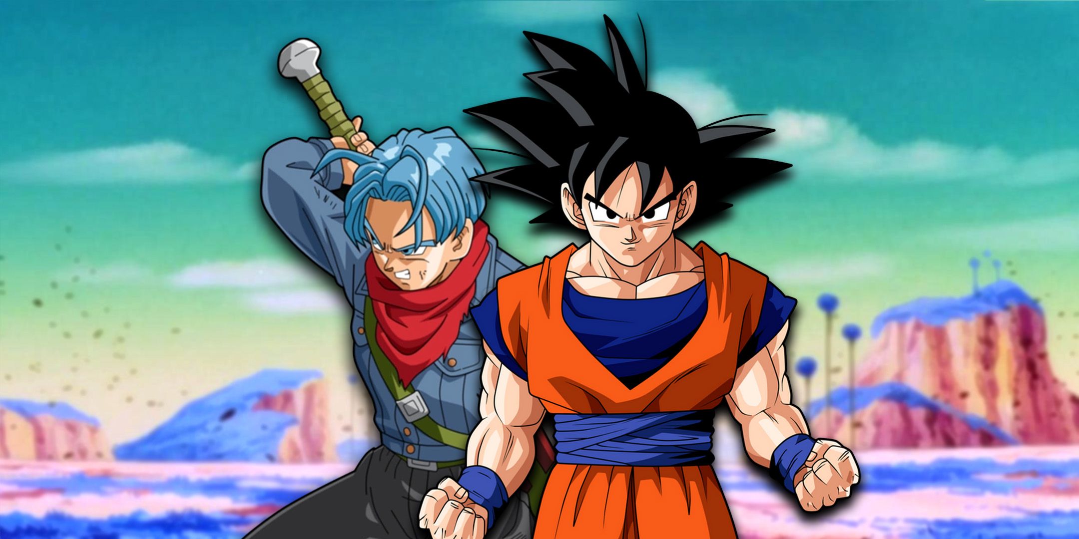 Goku and Future Trunks standing against green sky and blue grass of planet Namek