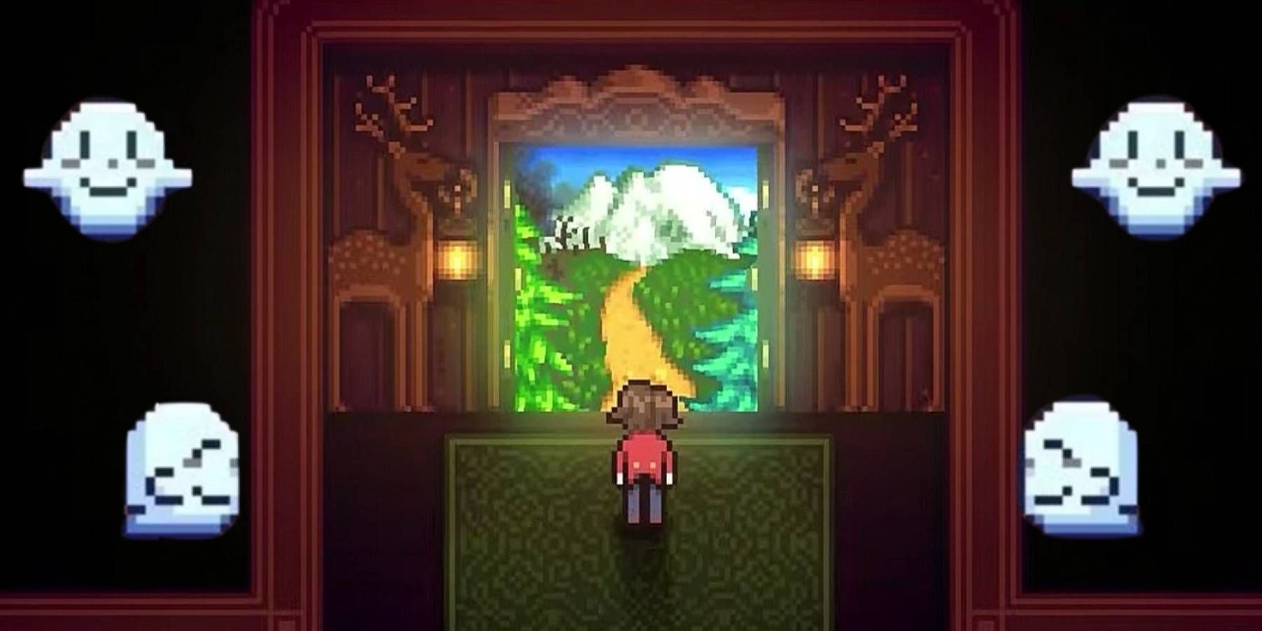 A character in Haunted Chocolatier looking through a gateway while surrounded by ghosts