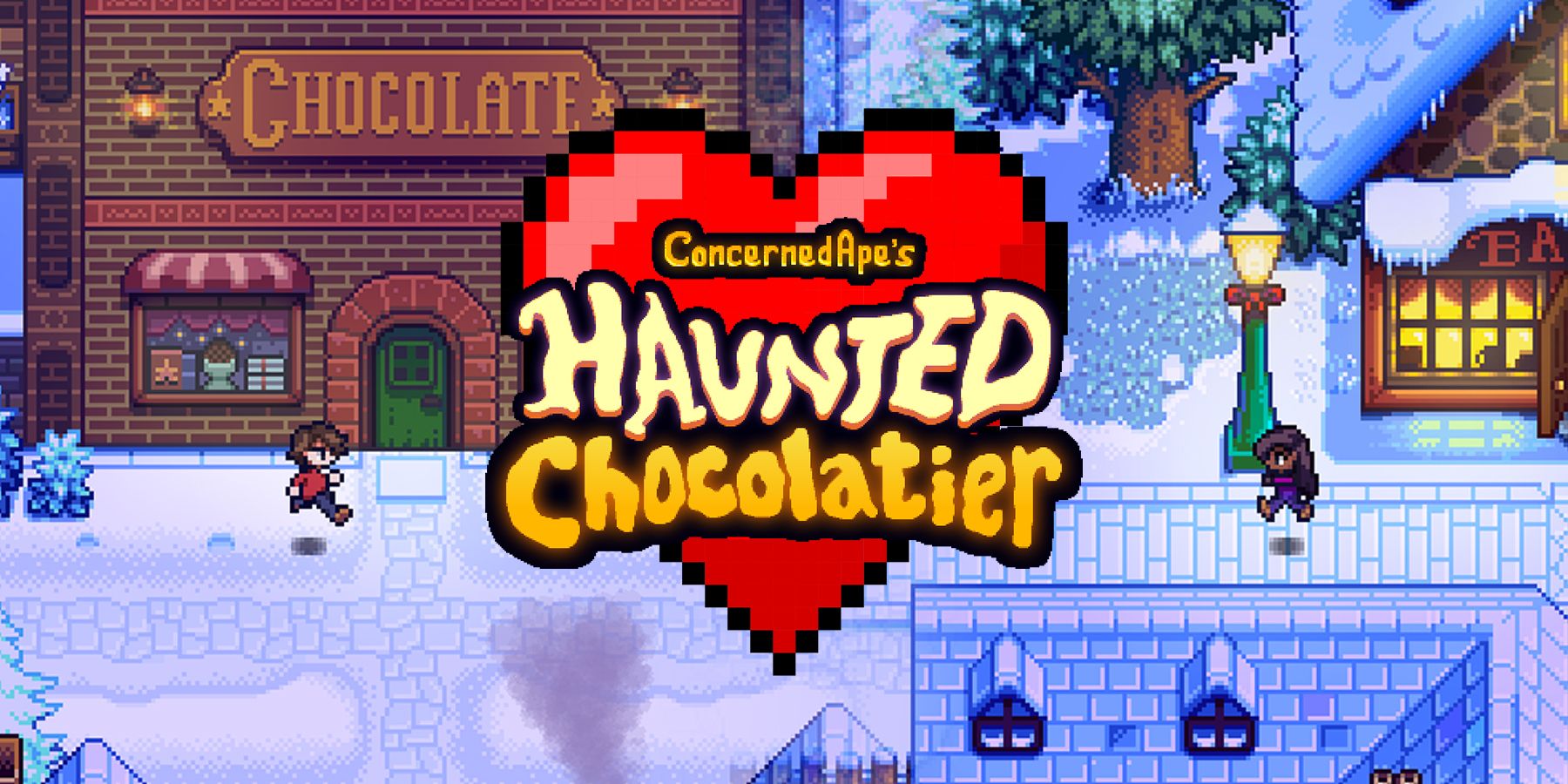 Haunted Chocolatier logo over heart in front of two characters running toward each other