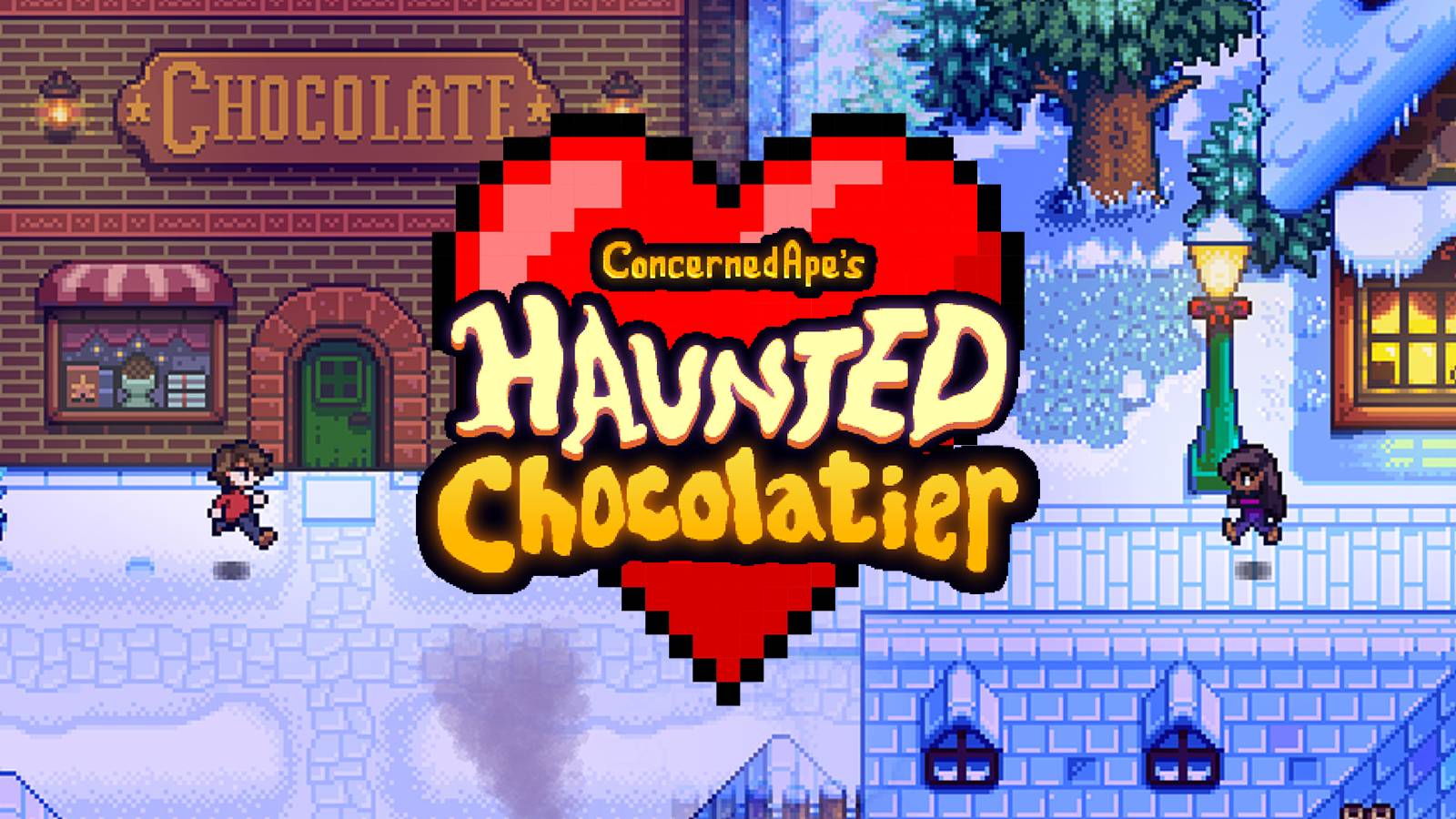 Haunted Chocolatier logo over heart in front of two characters running toward each other