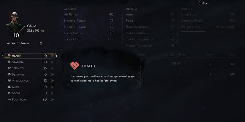 Stats screen in No Rest For The Wicked, Health Highlighted