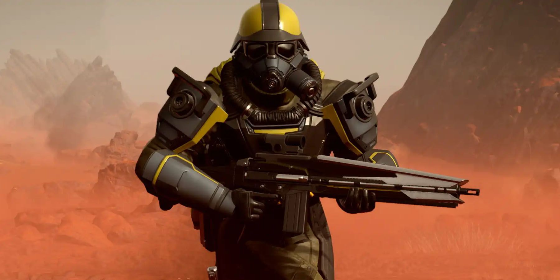 A screenshot of an armored solider using the new Warbond items in Helldivers 2.