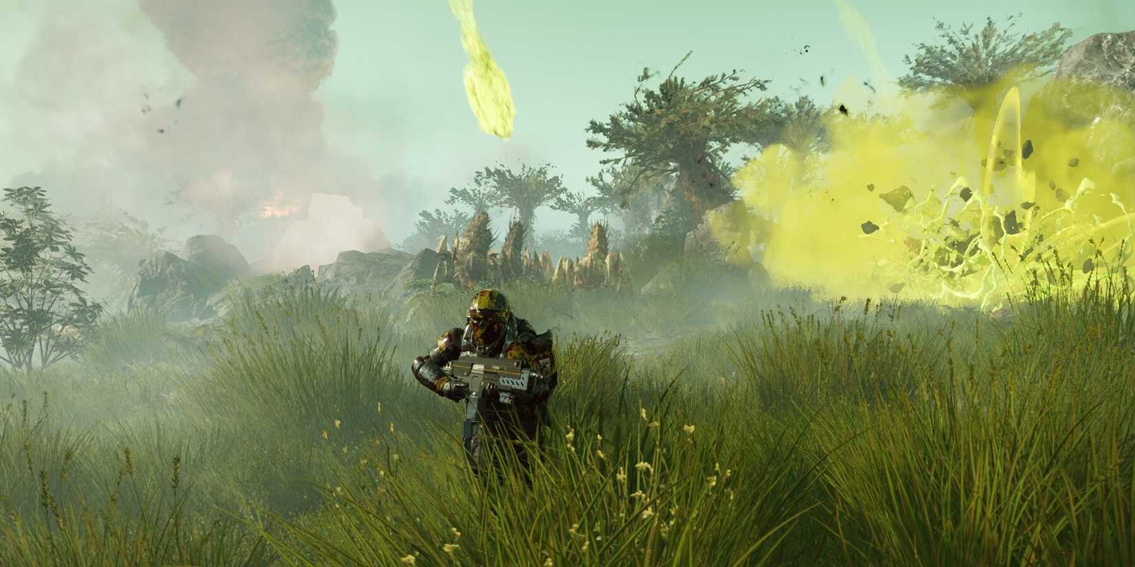 helldivers 2 player running away from terminid artillery