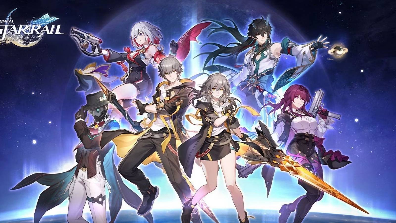 A key visual for Honkai: Star Rail showing several characters including the Trailblazer, Topaz, Screwllum, Dan Heng, and Kafka.