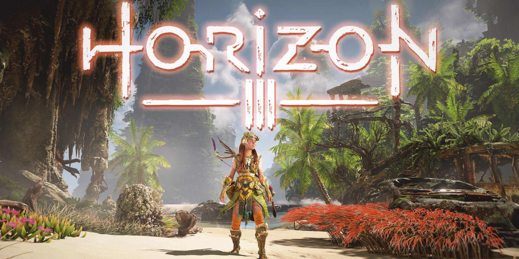 Horizon 3 mockup logo over Forbidden West beach promo screenshot