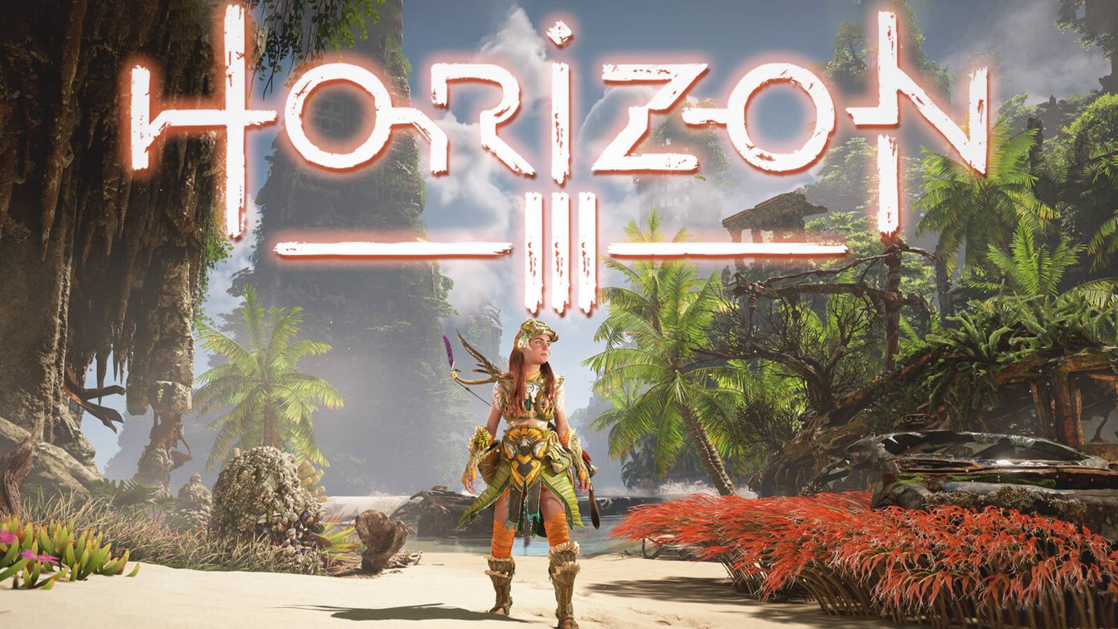 Horizon 3 mockup logo over Forbidden West beach promo screenshot