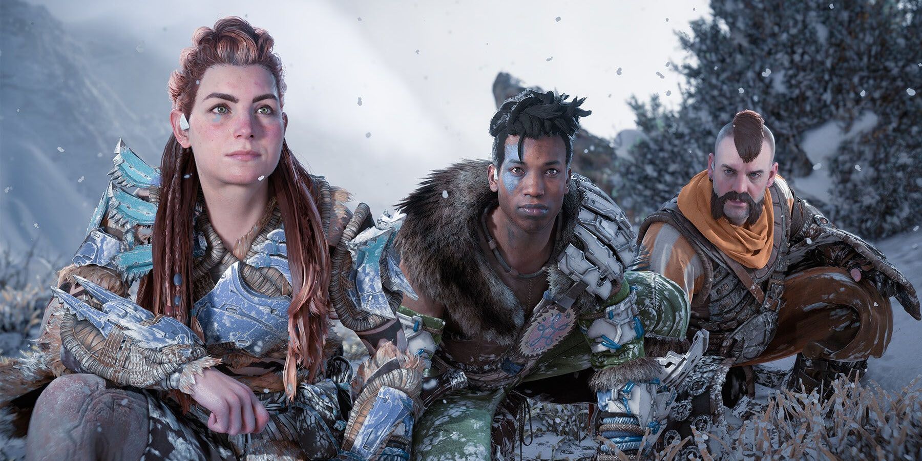 A screenshot of Aloy and her friends kneeling in a snow-covered enviroment in Horizon Forbidden West.