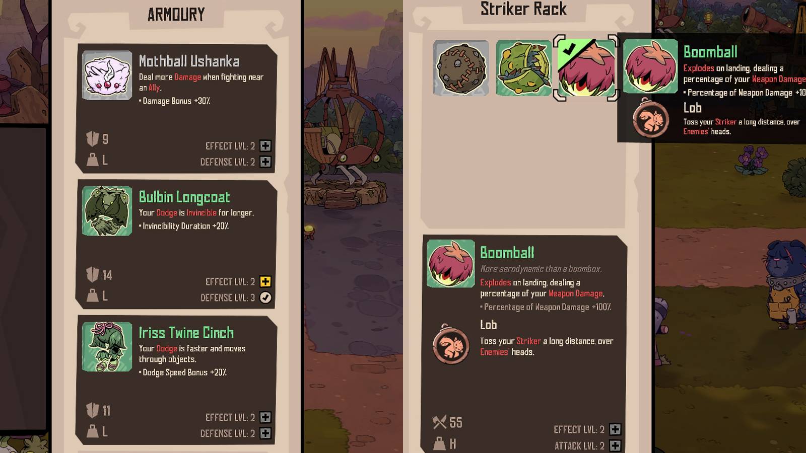 how to change weapon and armor in rotwood