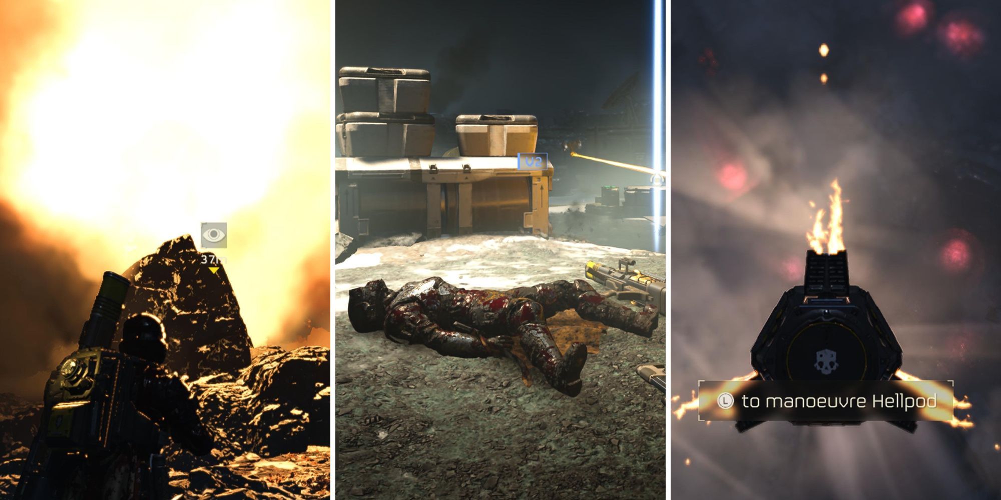 A grid showing n explosion, a dead Helldiver, and a Hellpod in Helldivers 2