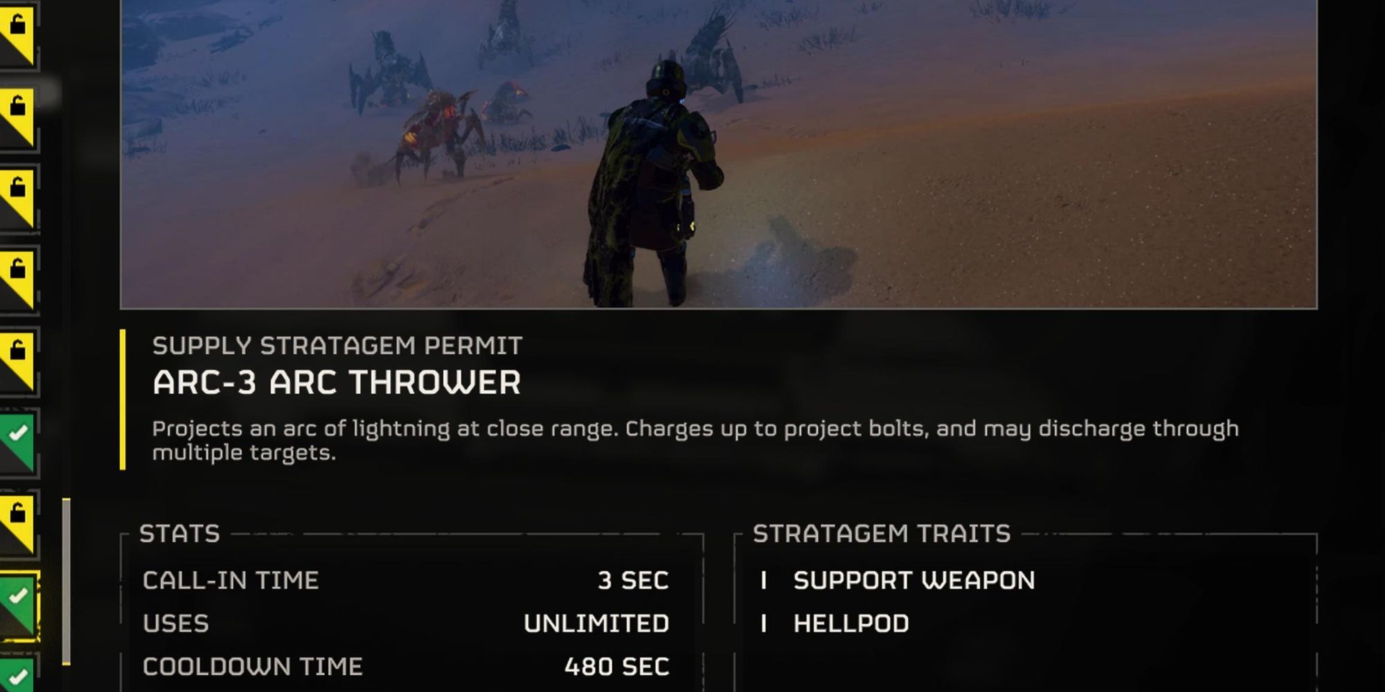 The Arc Thrower page in Helldivers 2