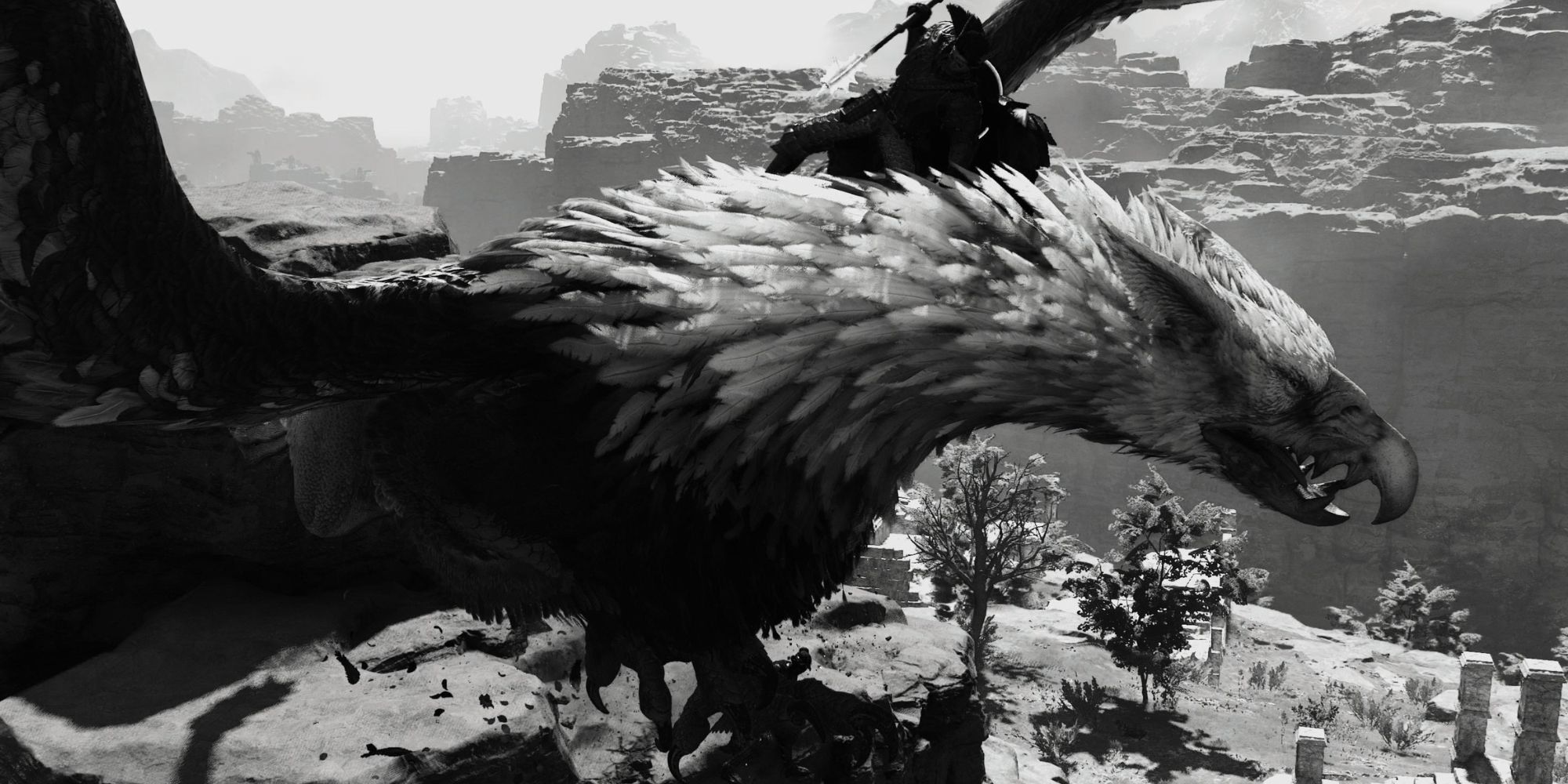 A black and white photo of the Arisen on the back of a Griffin in Dragon’s Dogma 2