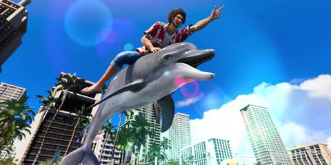 Ichiban rides a dolphin in Like a Dragon: Infinite Wealth