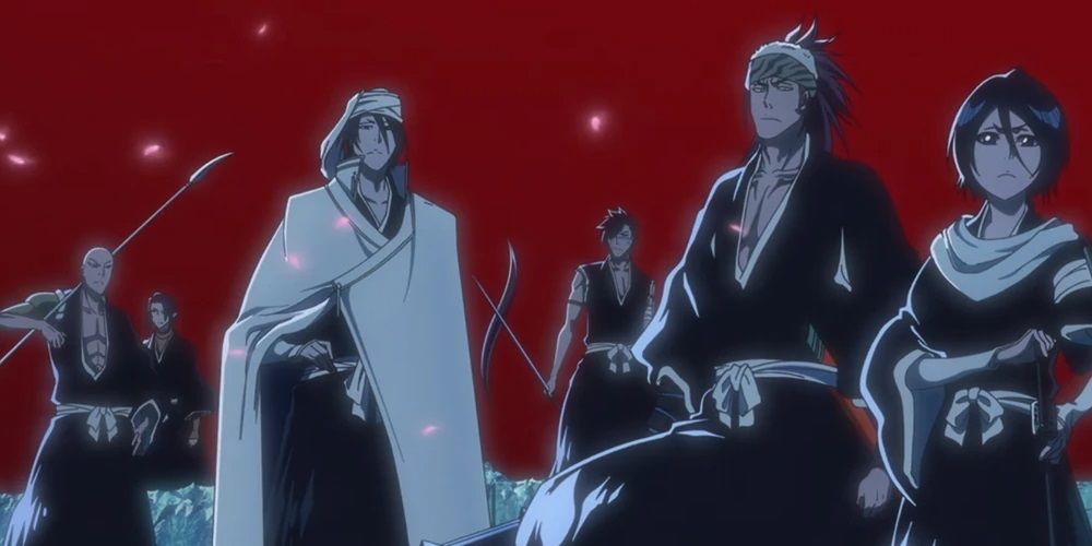 Ikkaku, Yumichika, Byakuya, Hisagi, Renji, and Rukia confronting the Sternritter facing Ichigo in the Bleach anime