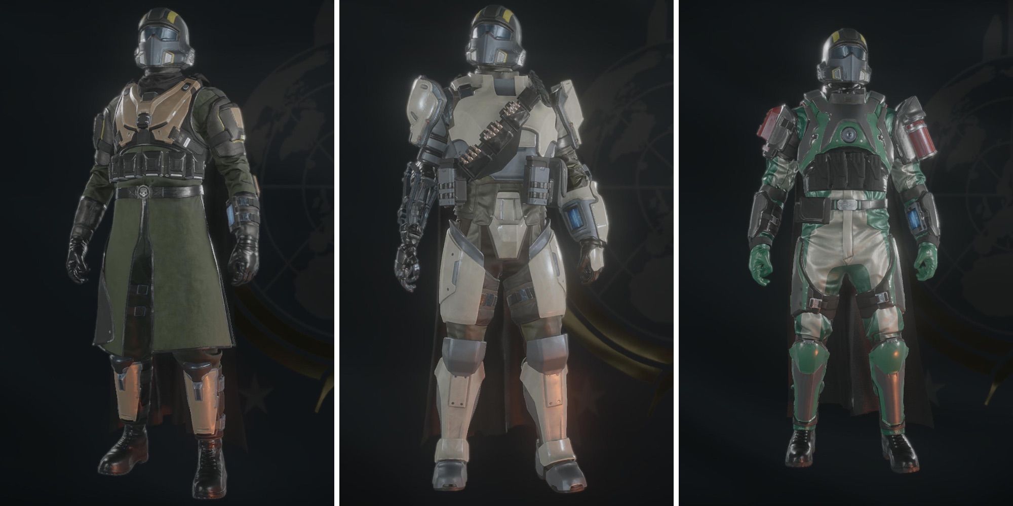 A grid showing three different sets of armor in Helldivers 2