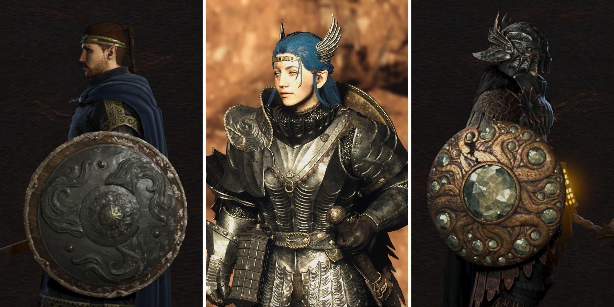 A grid of a variation of shields and a fighter from Dragon’s Dogma 2