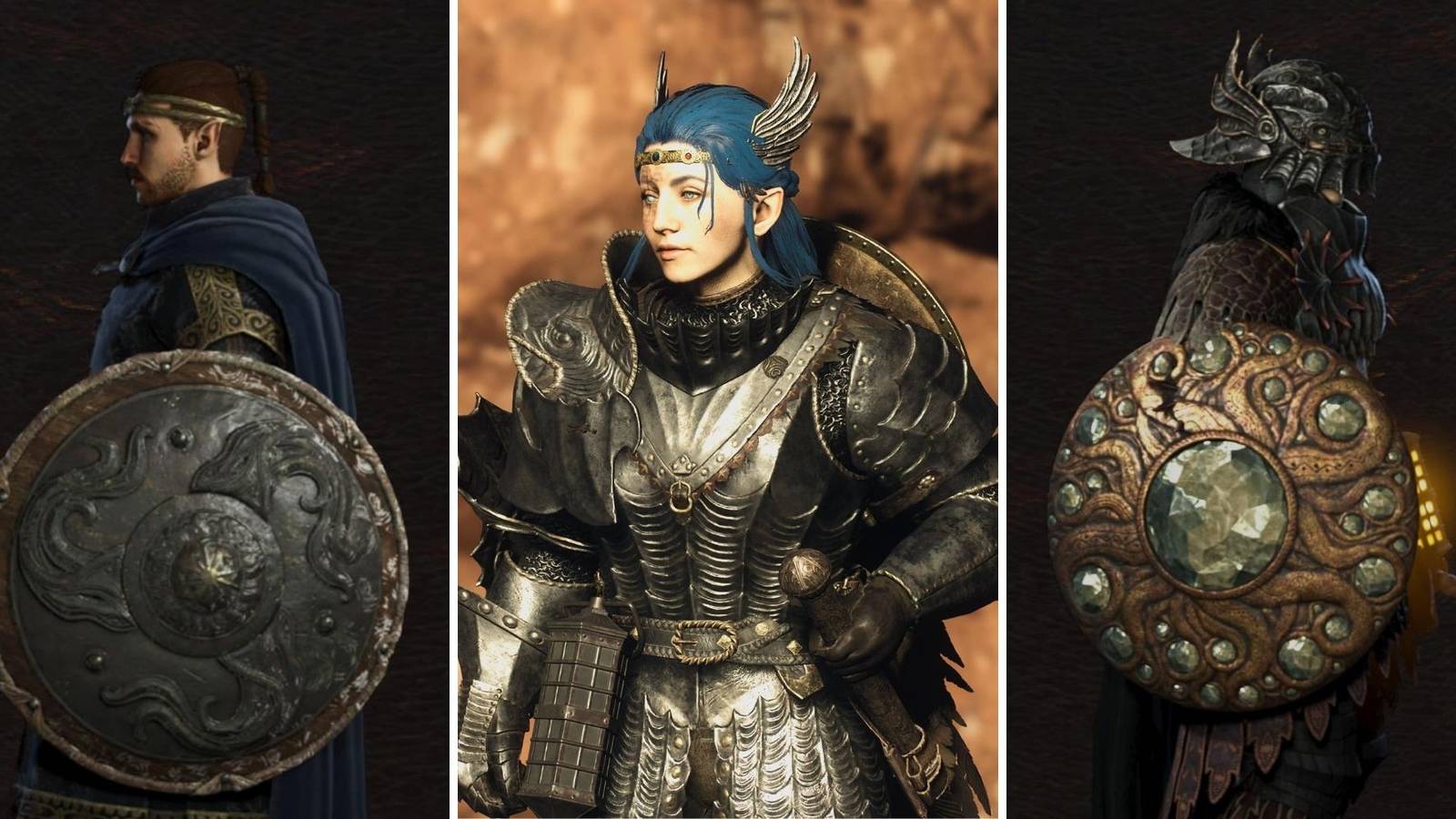 A grid of a variation of shields and a fighter from Dragon’s Dogma 2