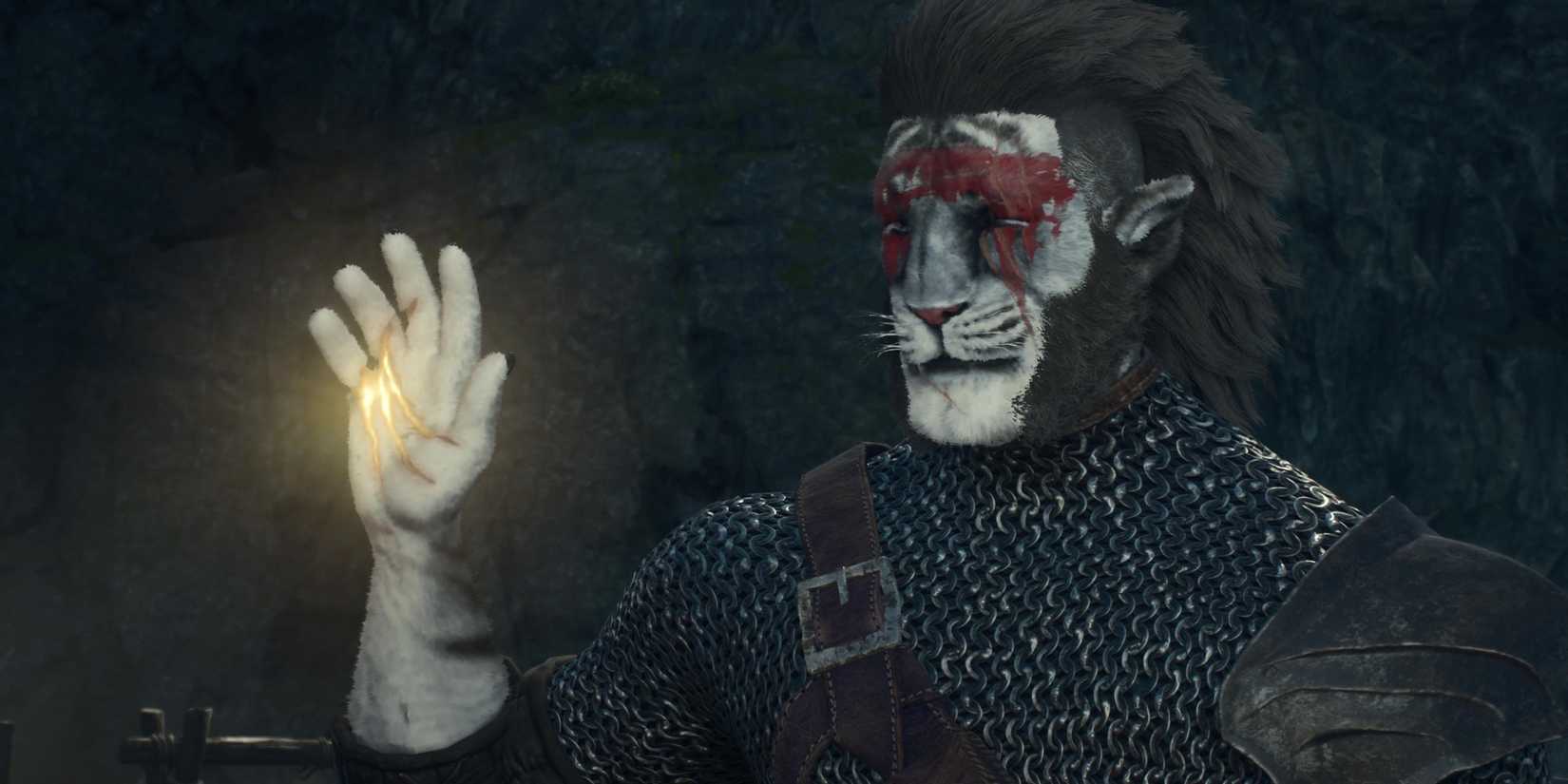 A pawn with his eyes and mouth closed while he raises his hand in Dragon’s Dogma 2