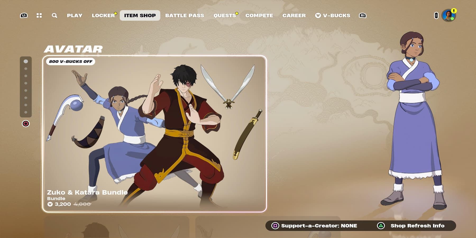 fortnite katara zuko skin bundle item shop landing page