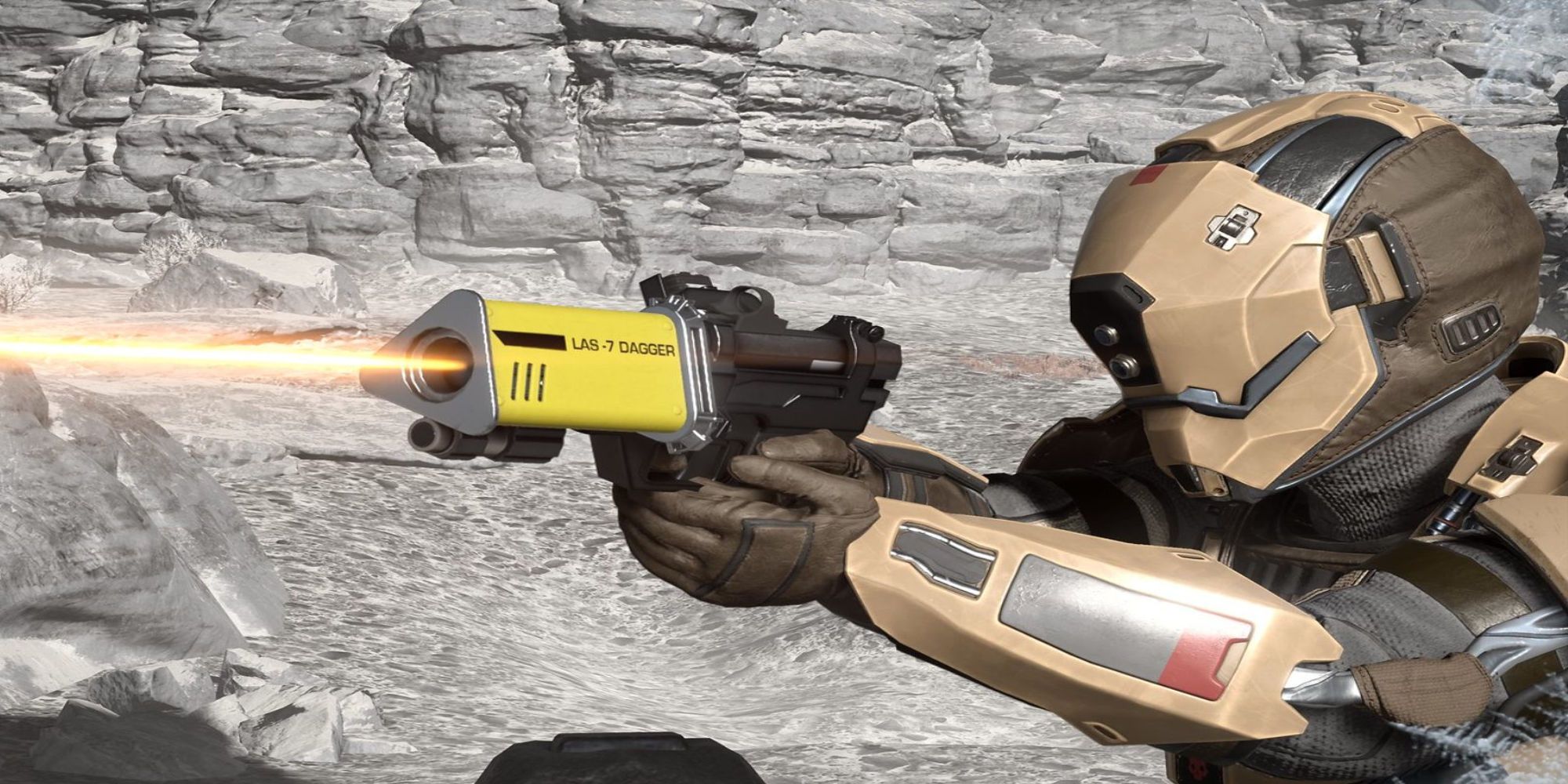 A Helldiver holds the LAS-7 Dagger pistol from a promo for the Cutting Edge Warbond