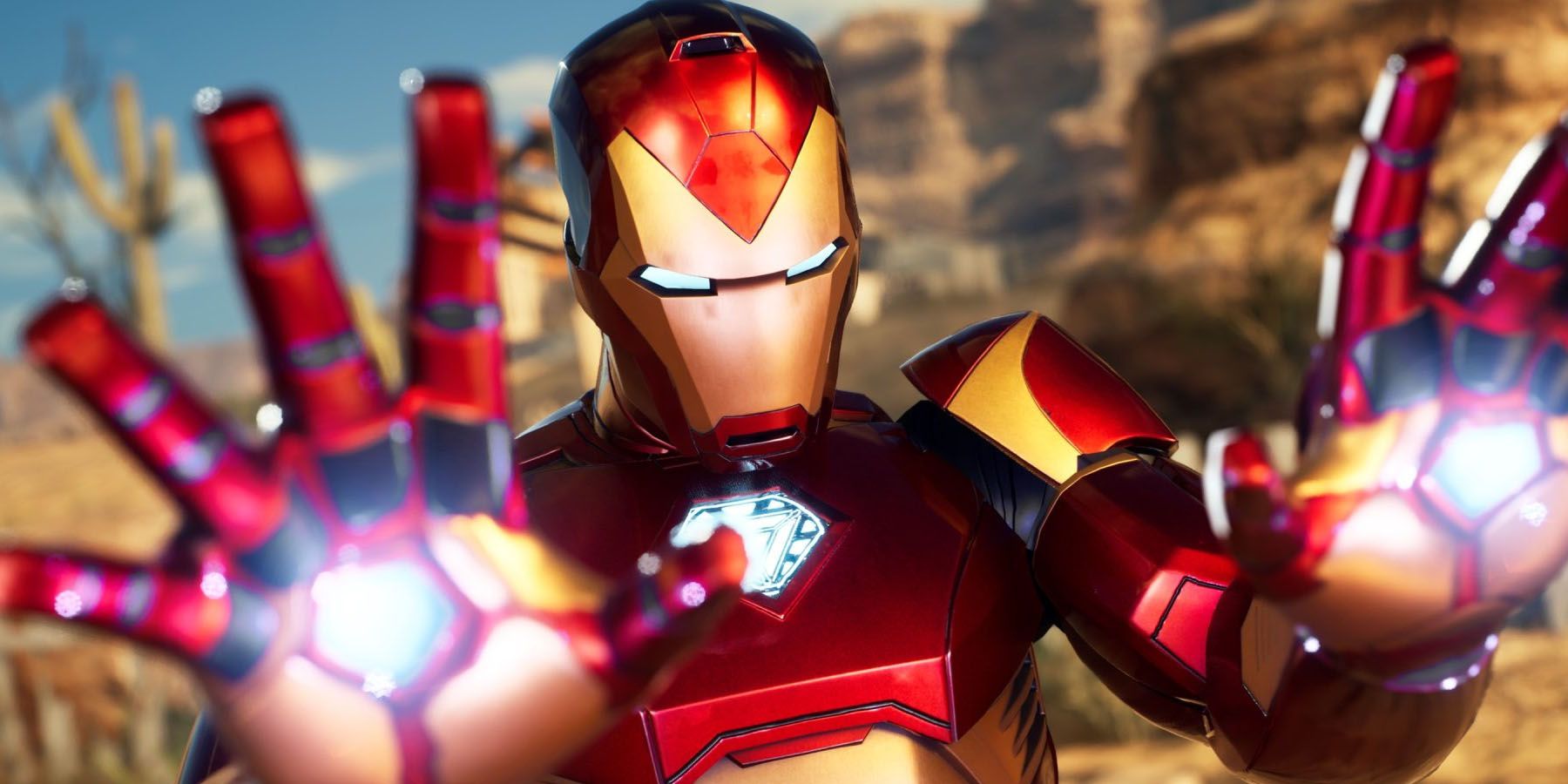 A screenshot of Iron Man readying his repulsor blasters in Marvel's Midnight Suns.