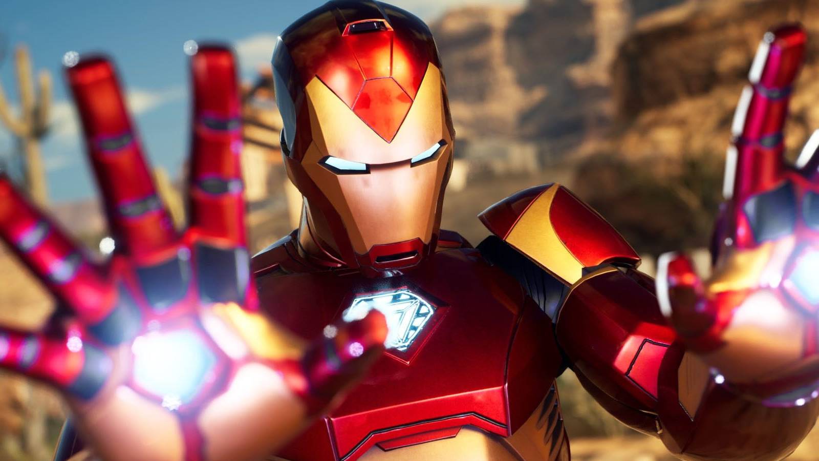 A screenshot of Iron Man readying his repulsor blasters in Marvel's Midnight Suns.