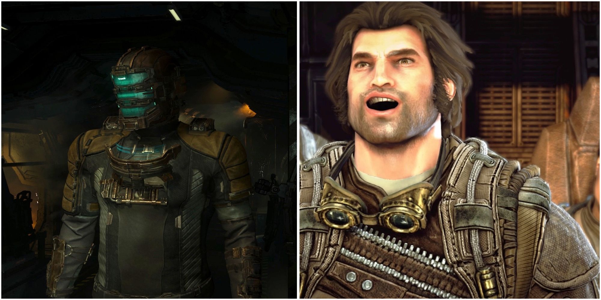 Isaac with his helmet on in the Dead Space remake and Grayson in Bulletstorm