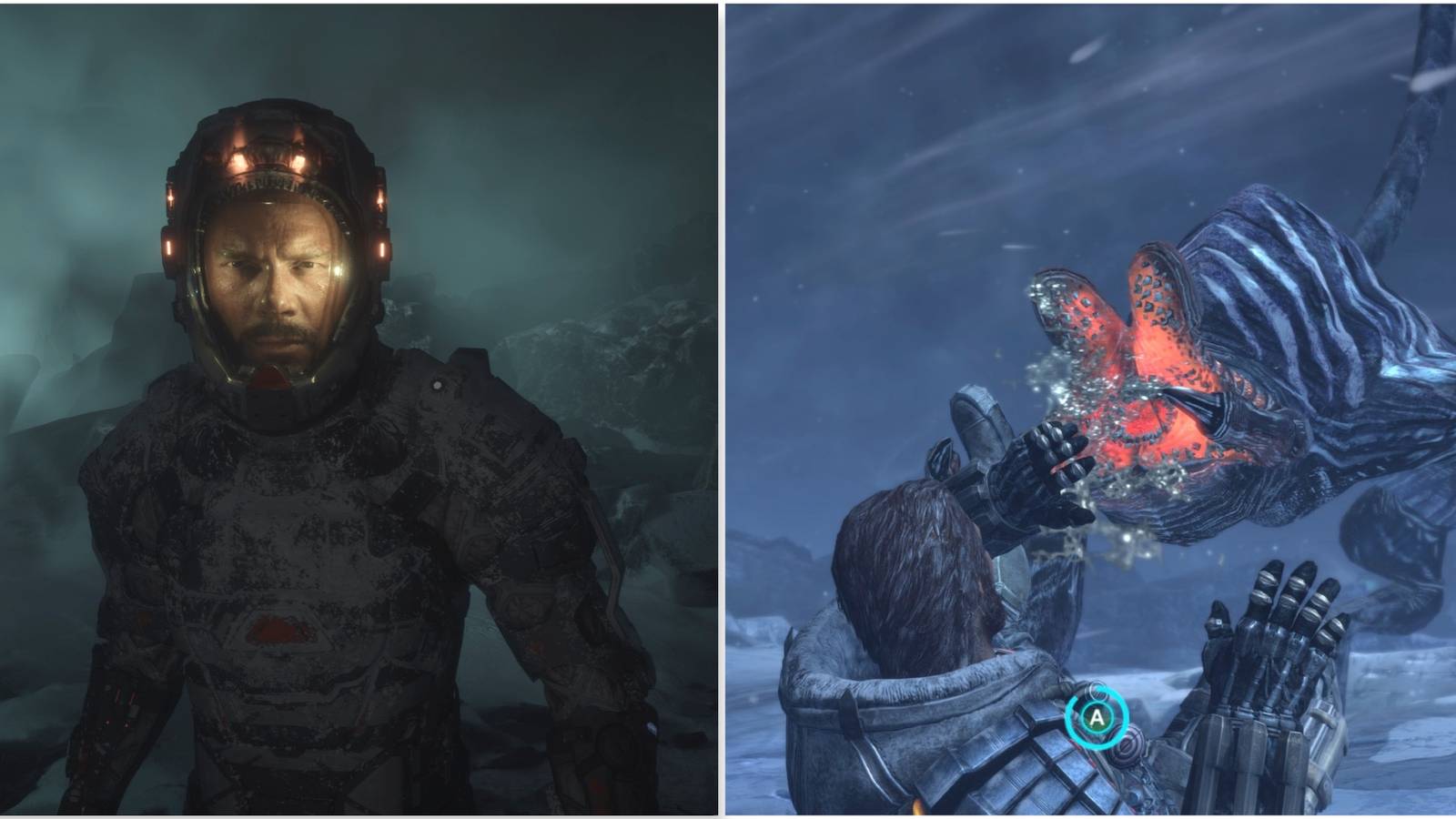 Jacob outside in The Callisto Protocol and Fighting enemies in Lost Planet 3