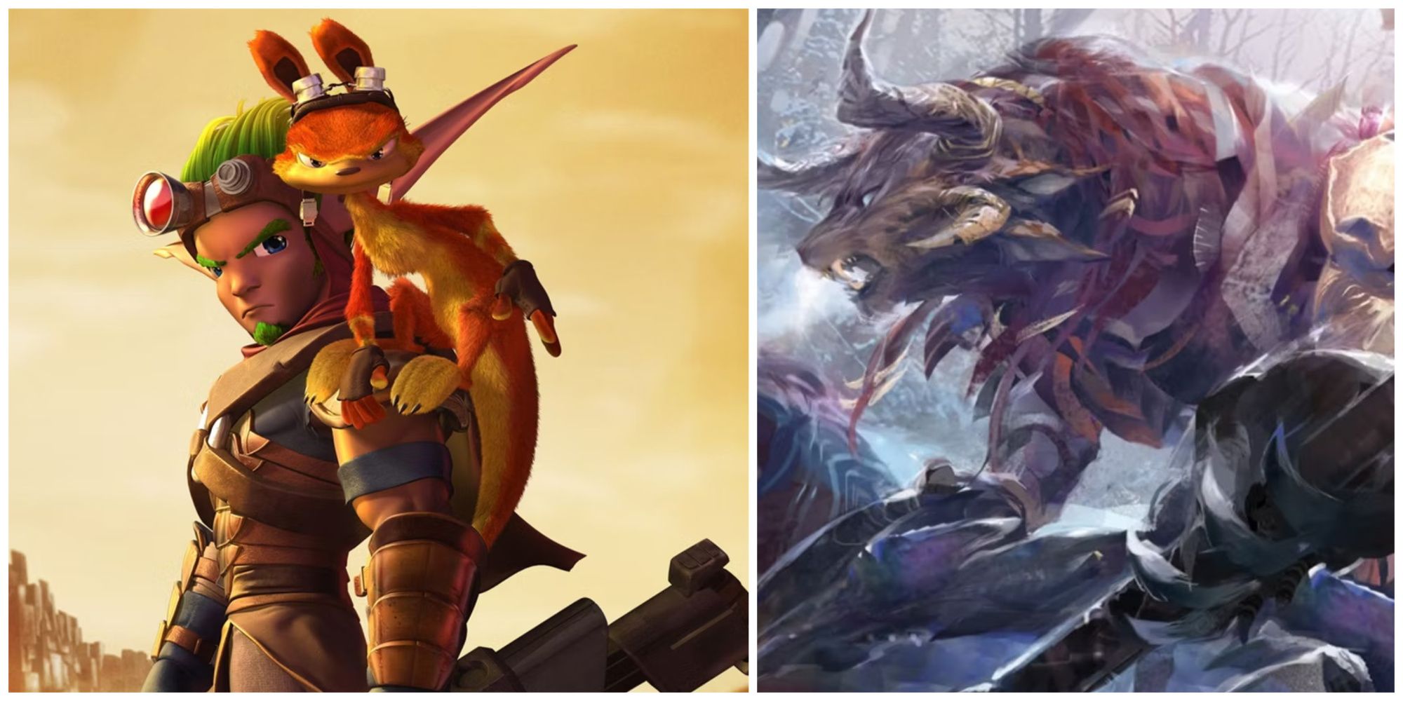 jak and daxter in the desert and the charr rox from guild wars 2