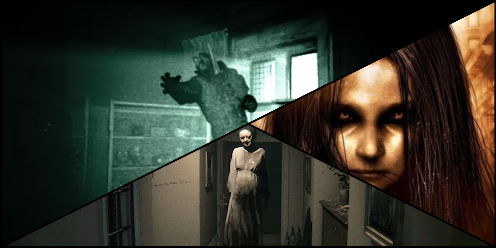 A split image of an impaled man in Outlast, Alma Wade in FEAR, and Lisa in PT