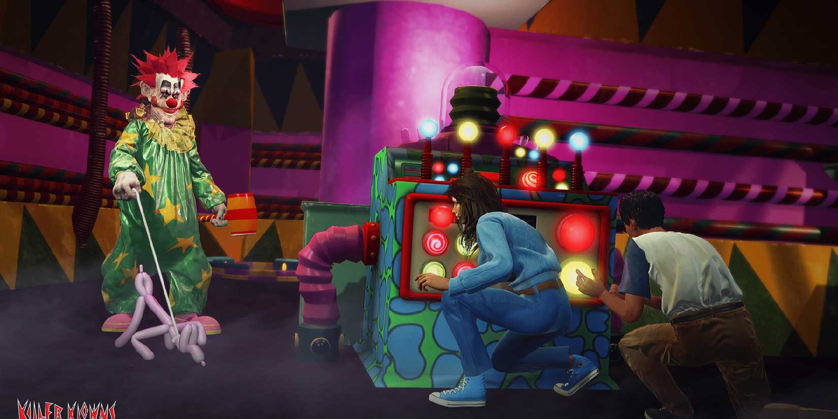Two characters hiding from a clown in Killer Klows From Outer Space: The Game
