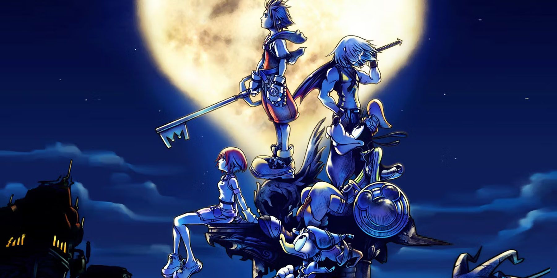 A promotional image for Kingdom Hearts, featuring Sora and his friends sitting under a heart-shaped moon at night.