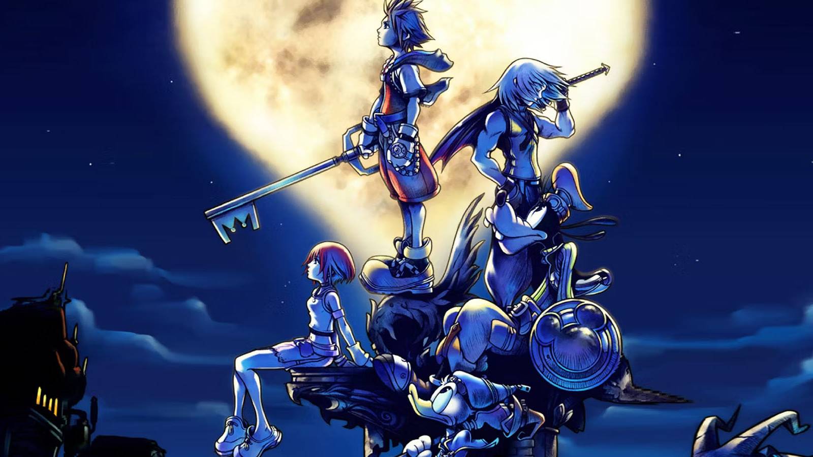 A promotional image for Kingdom Hearts, featuring Sora and his friends sitting under a heart-shaped moon at night.