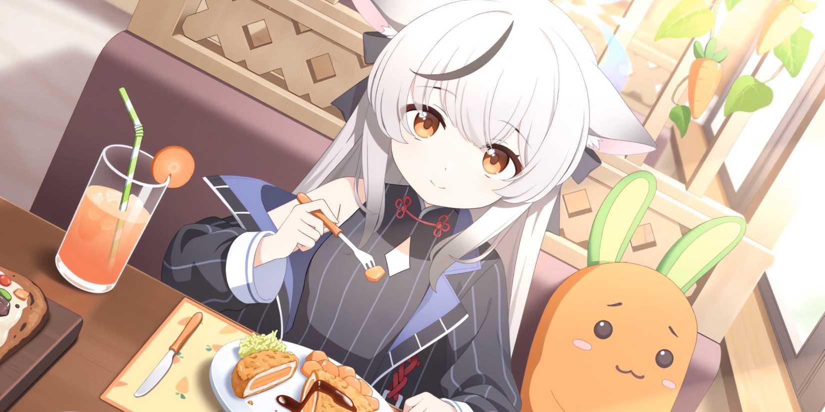 Sunohara Kokona eating a meal with juice from Blue Archive
