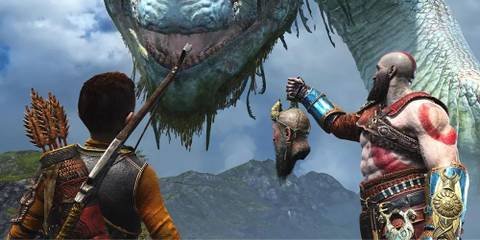 Kratos, Atreus and Mimir talking to Jormungandr.