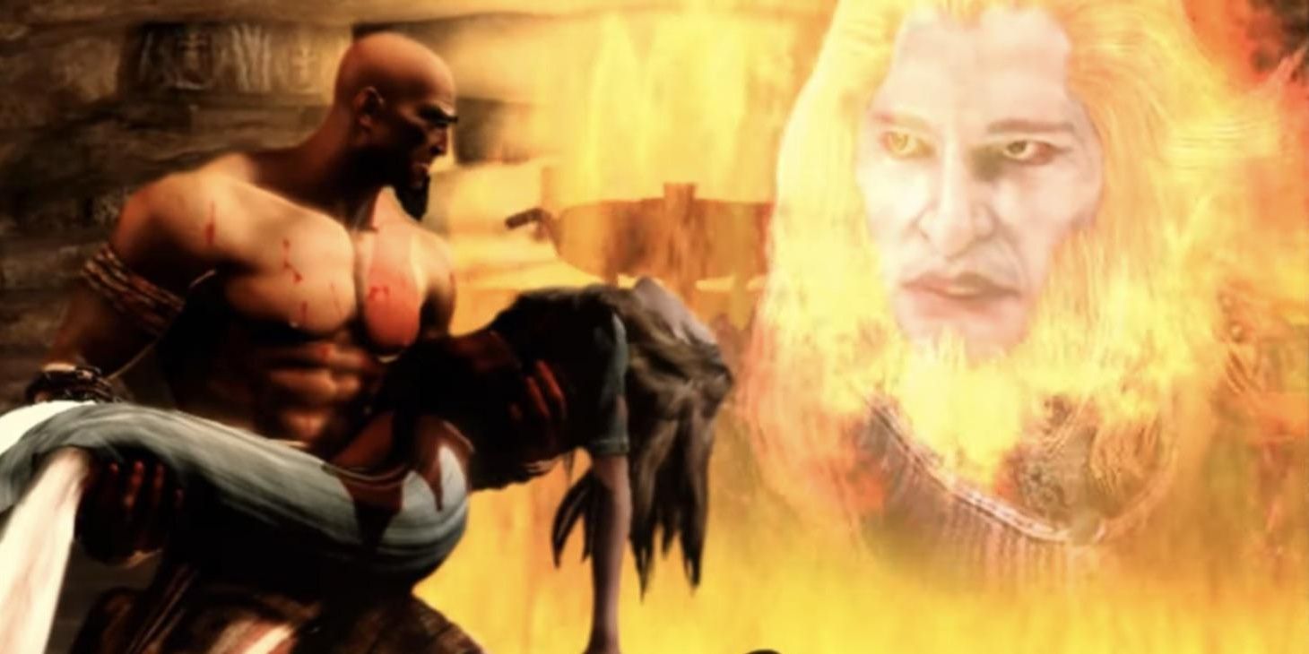 Kratos, his wife, and Ares in God of War 2005