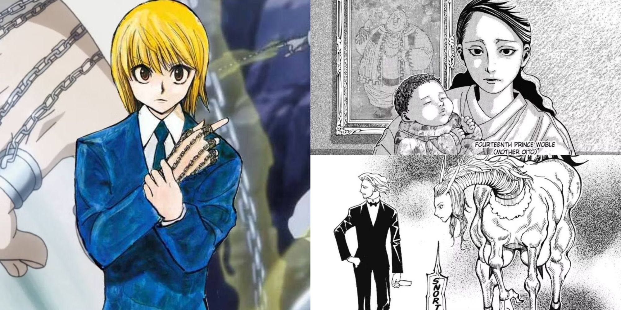 Kurapika, Prince Woble, Queen Oito, and Tserriednich from the Hunter x Hunter manga