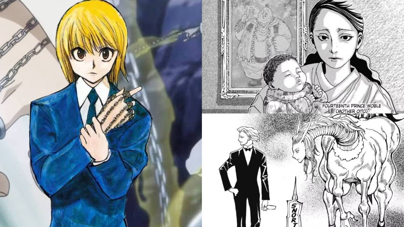 Kurapika, Prince Woble, Queen Oito, and Tserriednich from the Hunter x Hunter manga