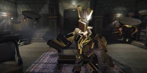 Pile of books and floating tables in Layers of Fear