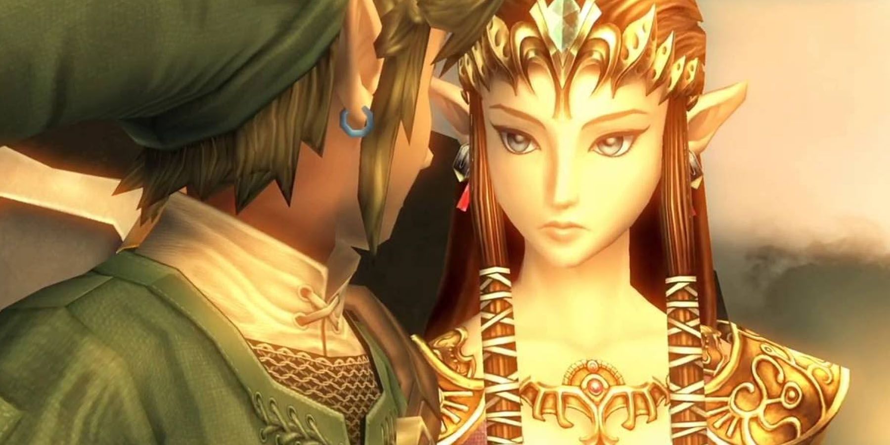 A screenshot of Link and Princess Zelda at sunset in Legend of Zelda: Twilight Princess.