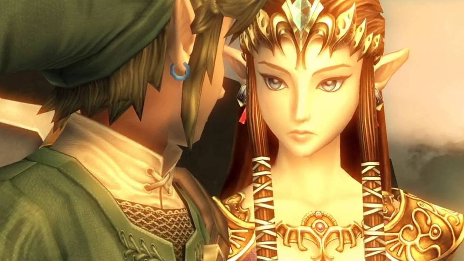 A screenshot of Link and Princess Zelda at sunset in Legend of Zelda: Twilight Princess.