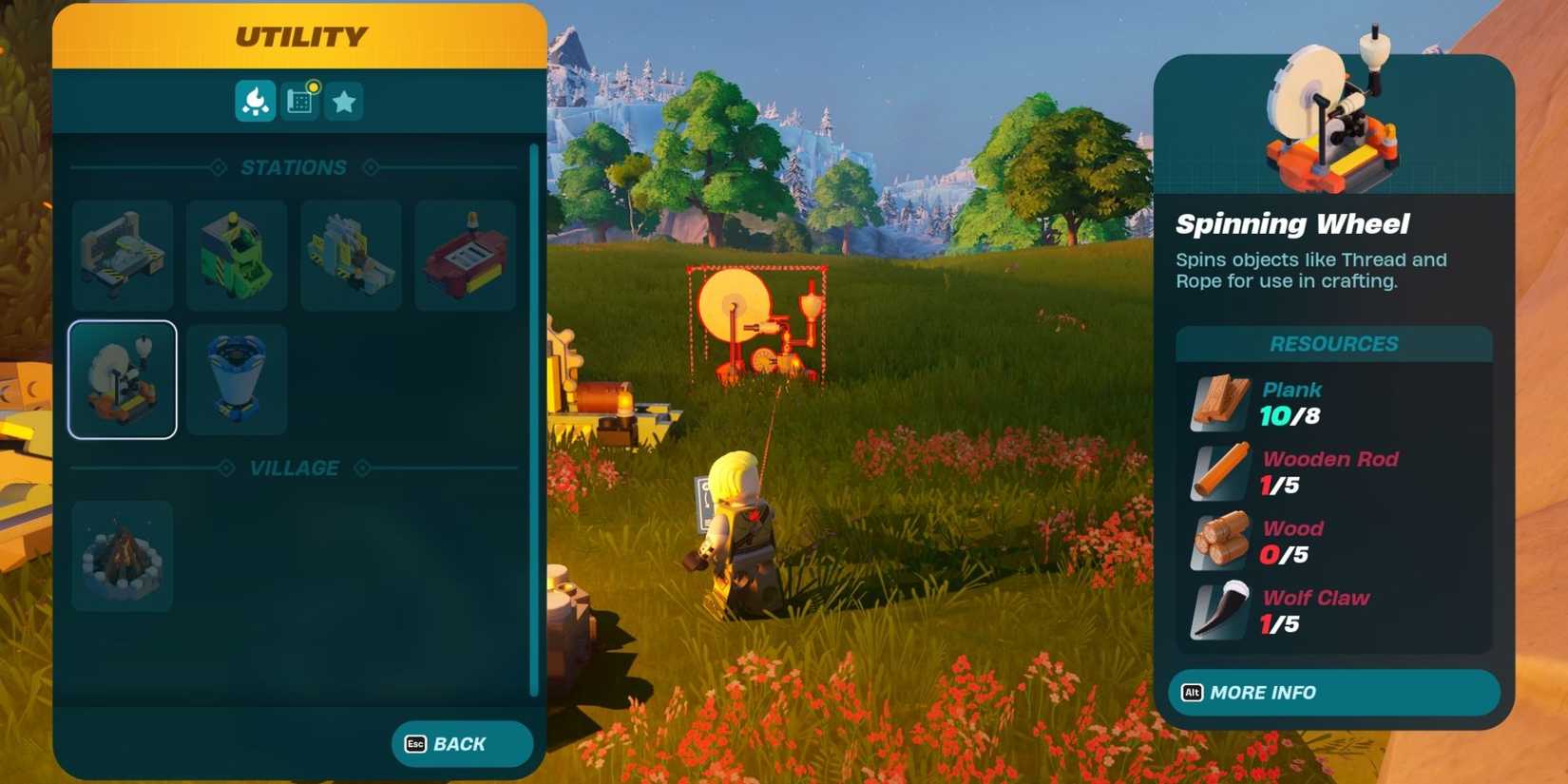 LEGO Fortnite player character uses the build menu for a spinning wheel with insufficient resources