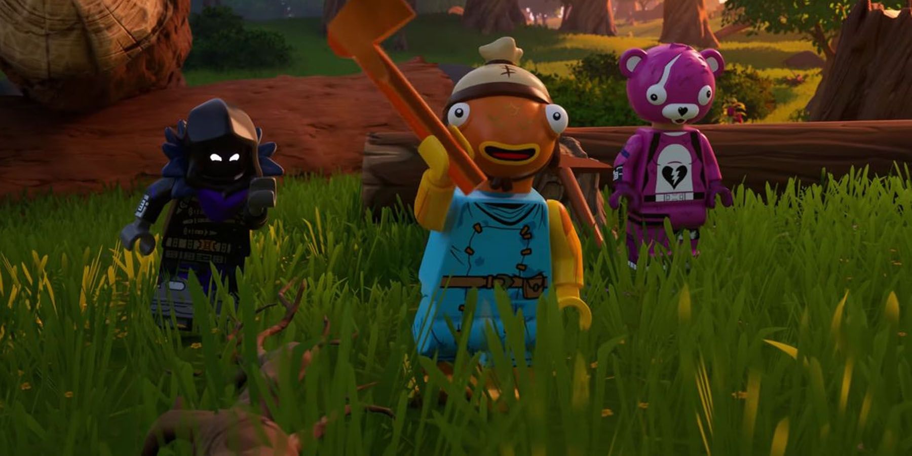 A screenshot of three playable LEGO minifigures in LEGO Fortnite.