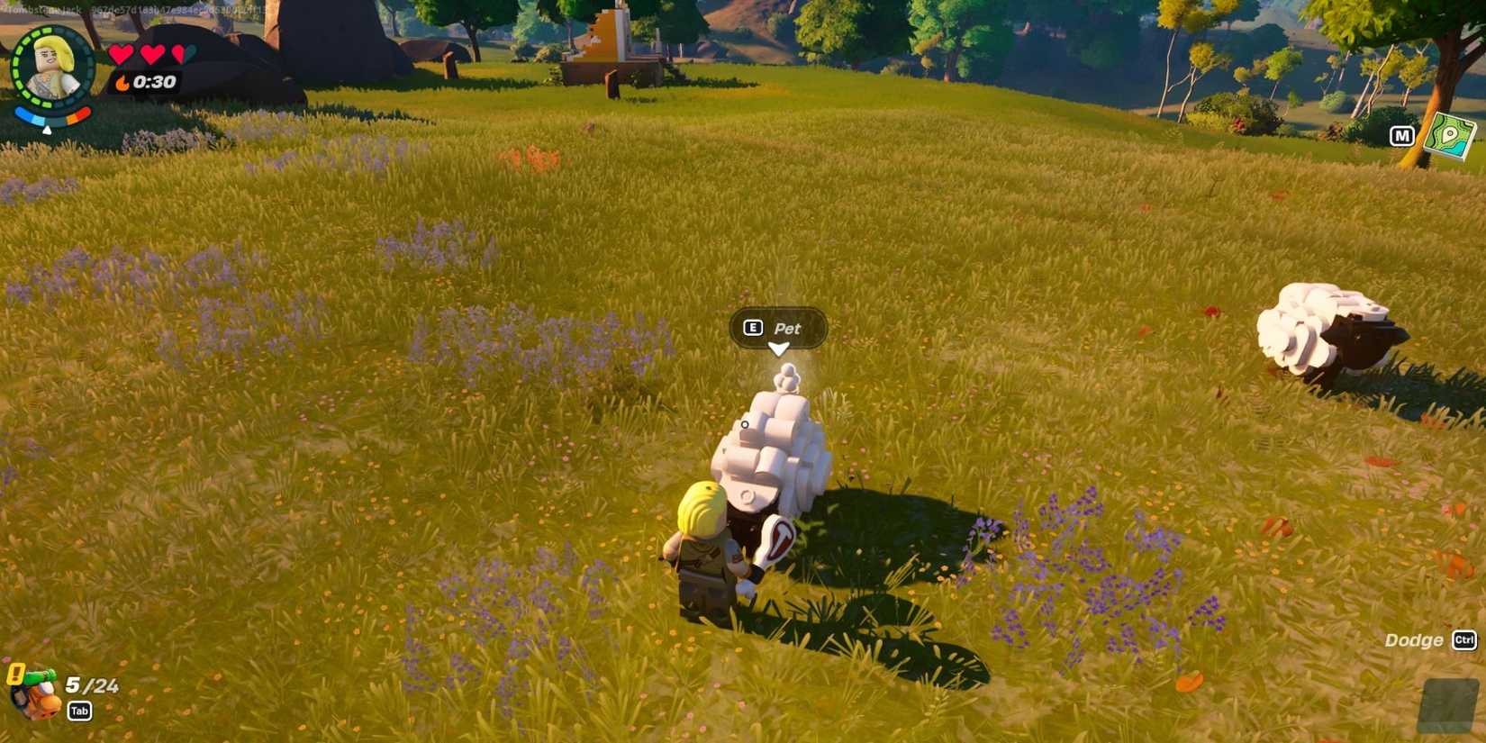 LEGO Fortnite player character pets a sheep while holding some meat