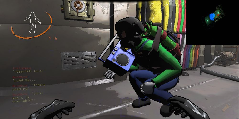 Lethal Company player crouching with boombox
