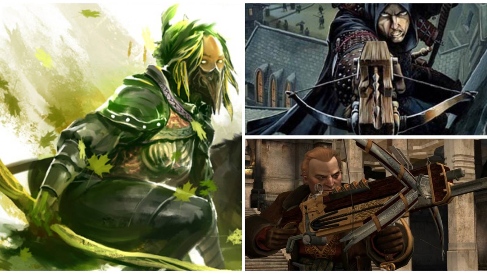 Dungeons and Dragons characters using a Longbow (left), Hand Crossbow (top right), and Heavy Crossbow (bottom right)