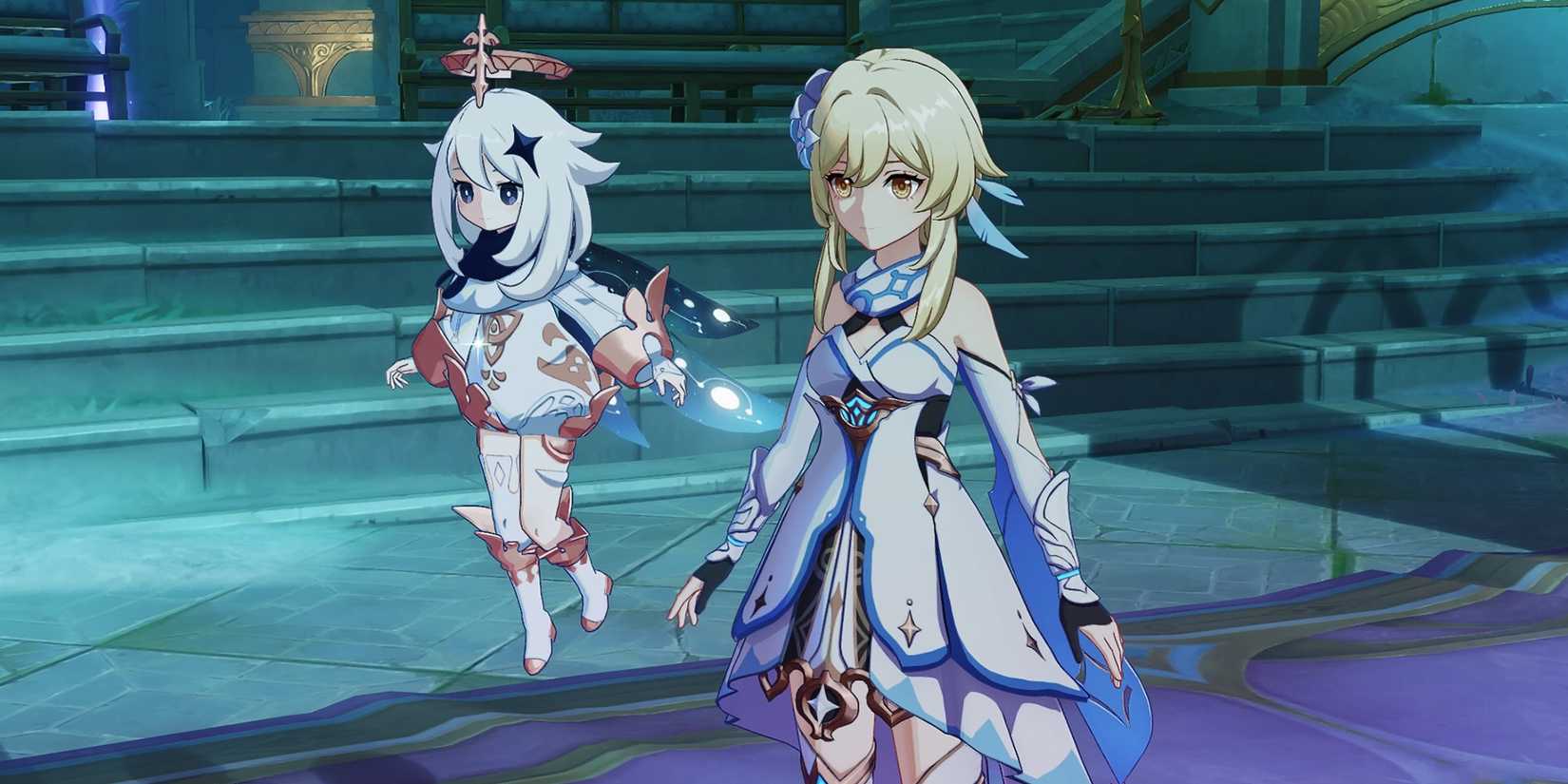 lumine and paimon in the faded castle in genshin impact