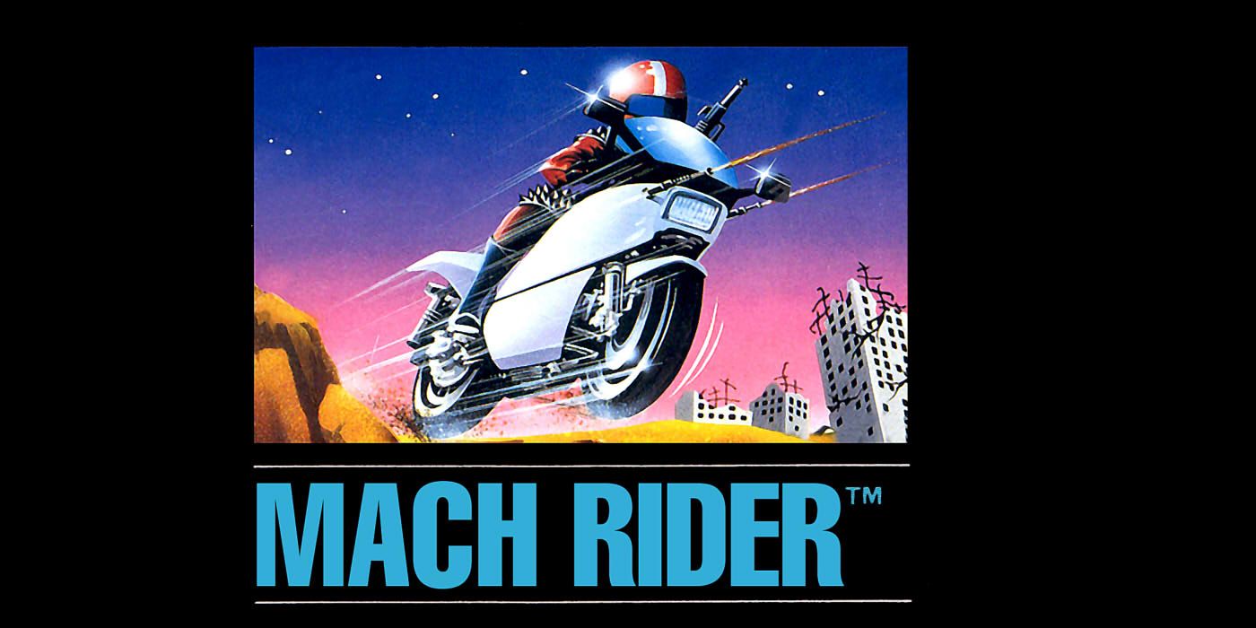 The Mach Rider cover image, showing a motorocycle rider on a white bike with a gun