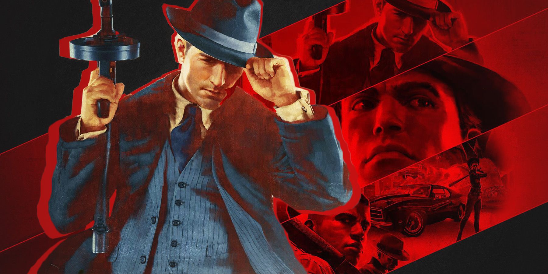 Mafia: Definitive Edition Tommy Angelo cutout artwork in front of collage of all Mafia series protagonists