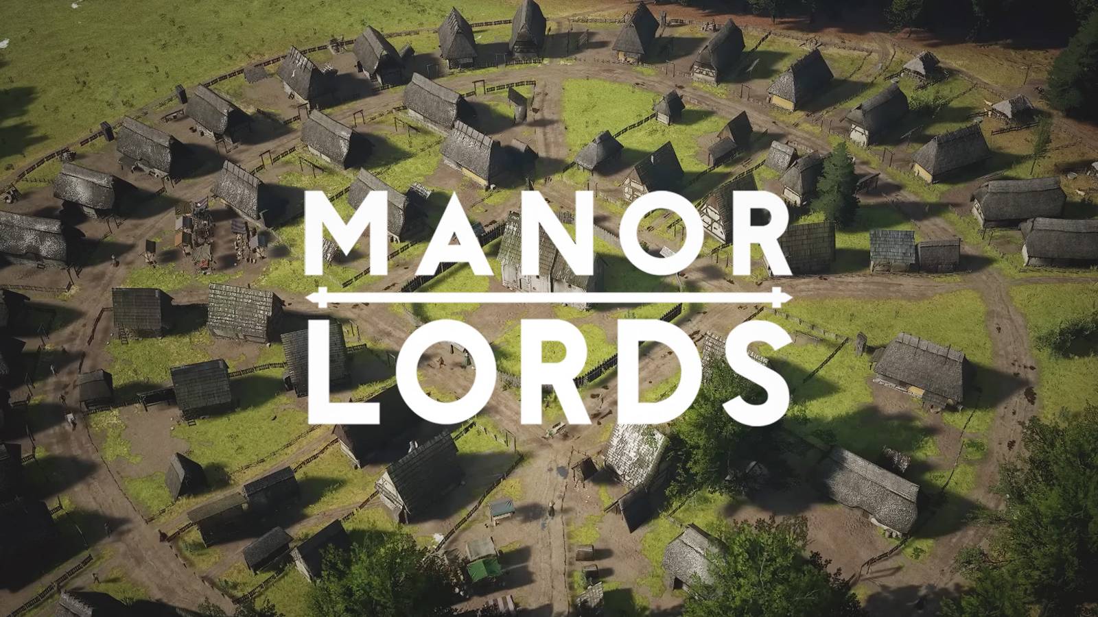 Manor Lords circular town village with white game logo composite
