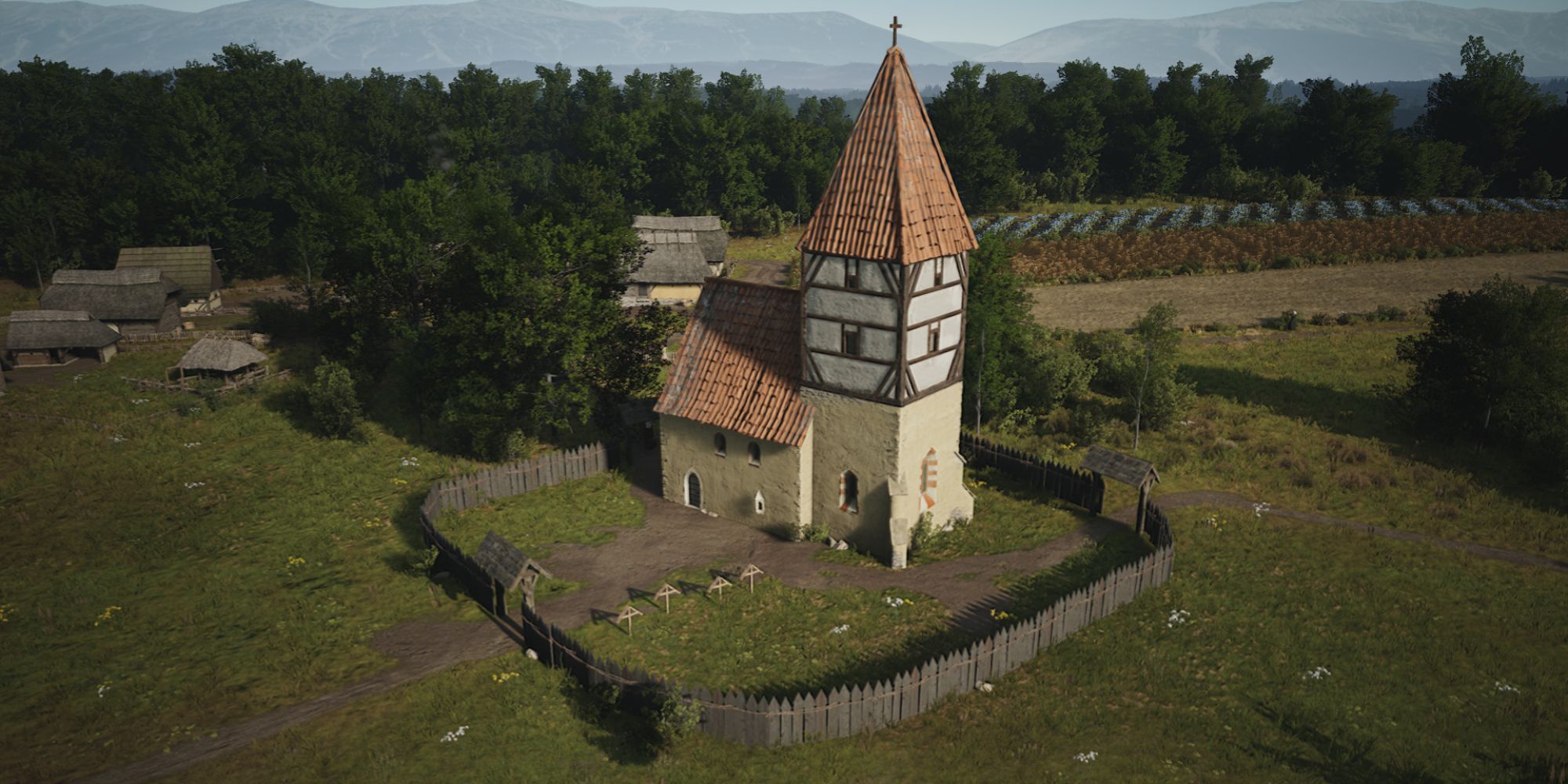 A small stone church in Manor Lords